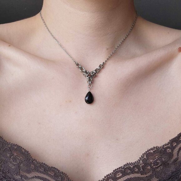 Vintage gothic victorian vampire black onyx rosary necklace ✦ chain mail ✦ - Picture 8 of 8